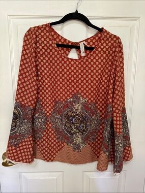 Pink Owl Rust Red Printed Bell-Sleeve Tunic